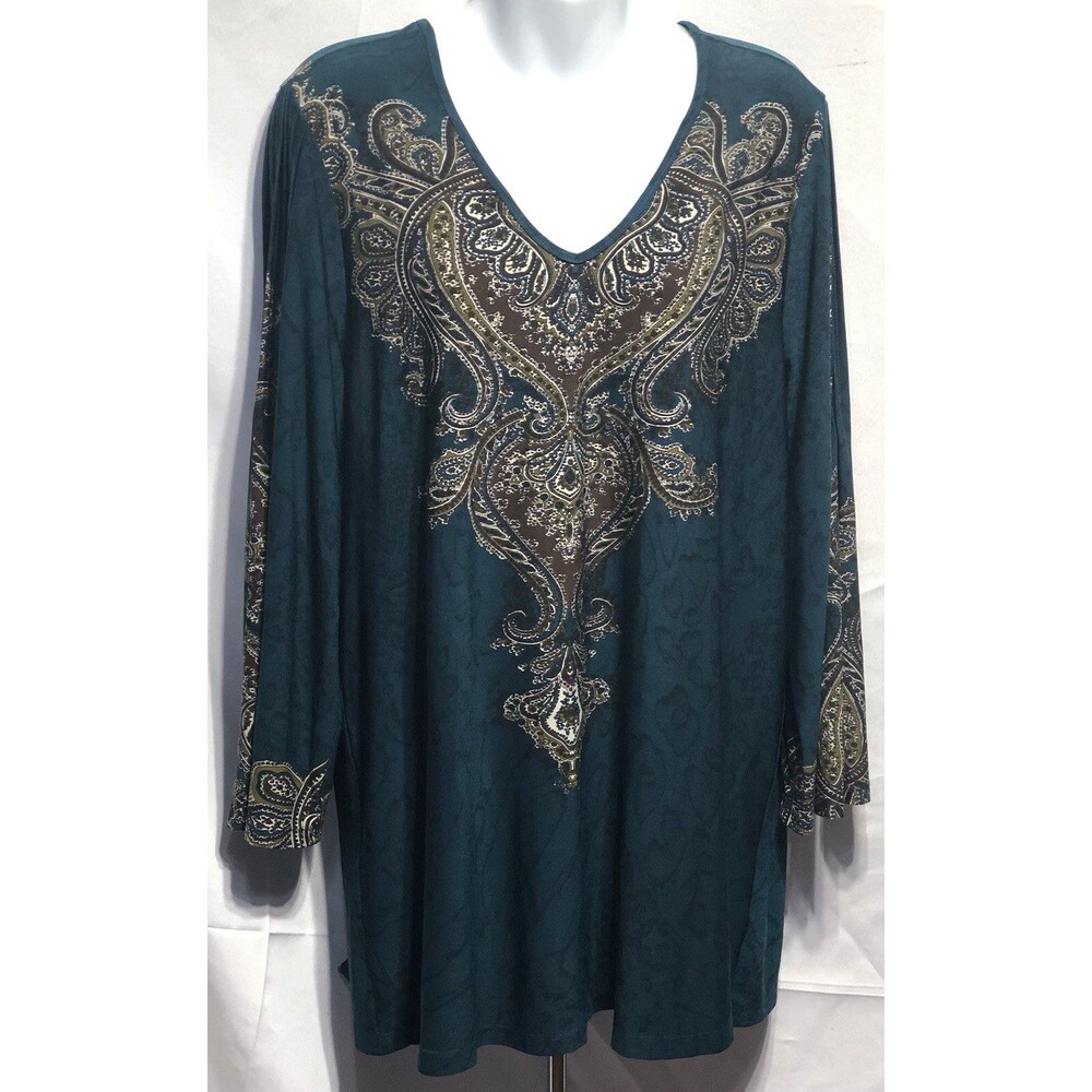 Citiknits kimono tunic top L Teal Green Paisley Geo Pleated flare sleeve Gypsy
